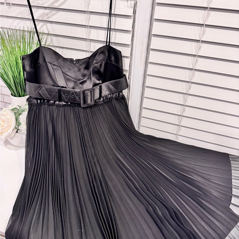 ABS Allen Schwartz Black Satin Belted Midi Dress